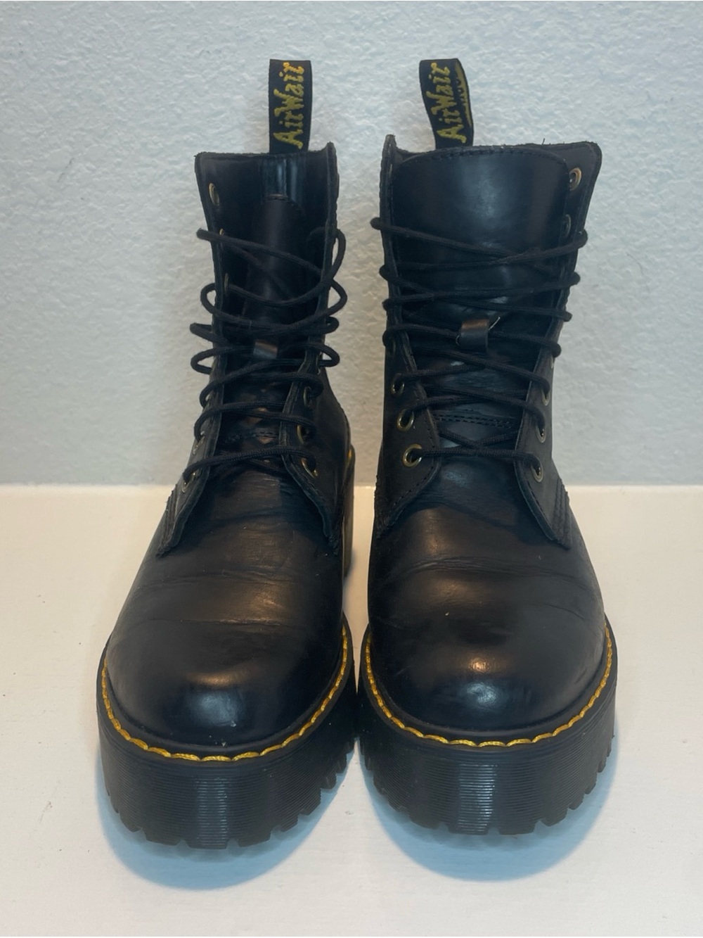 Dr. Martens Black Leather Platform Lace-Up Boots with Yellow Stitching - Picture 4 of 10